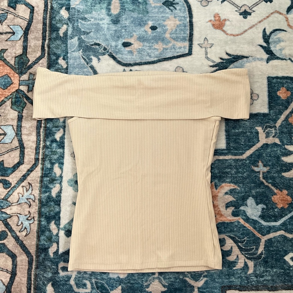 Off-Shoulder Ribbed Top in Beige